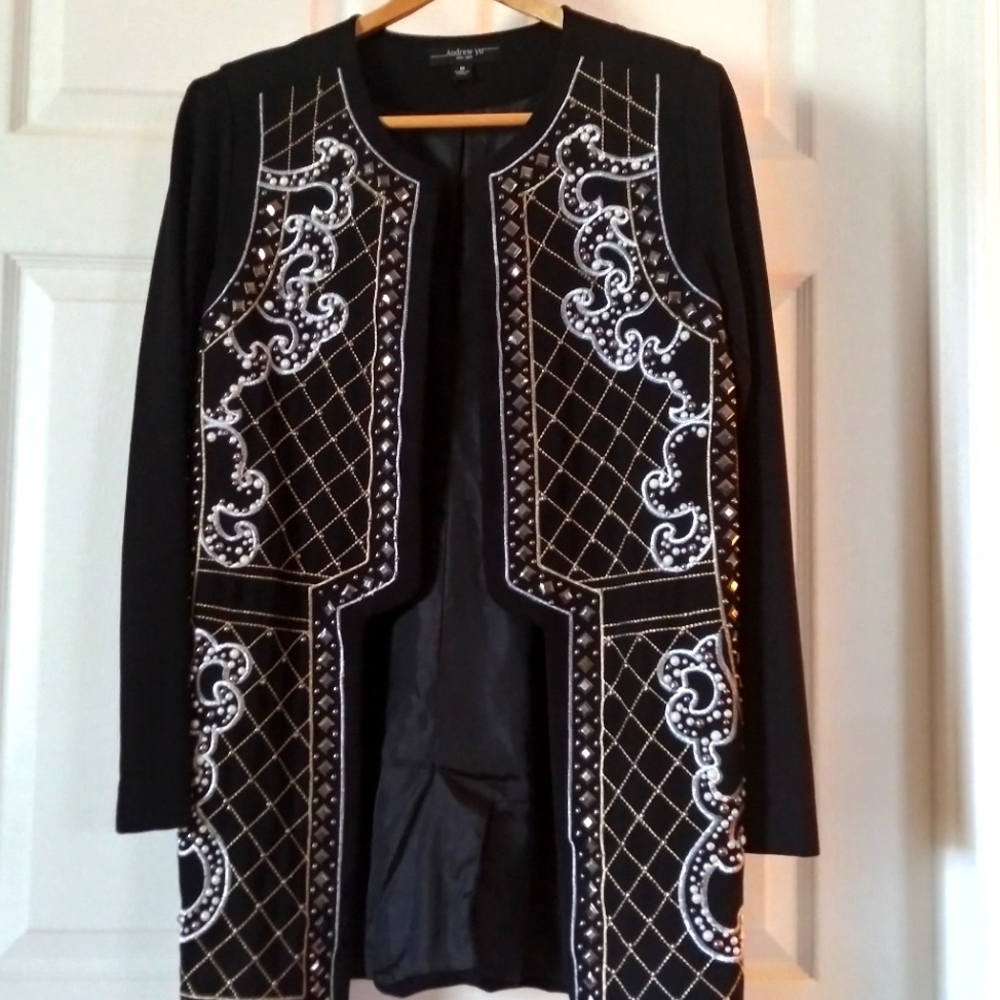 Andrew Yu New York Black Gold Silver Bling Jacket Size M Beautiful
